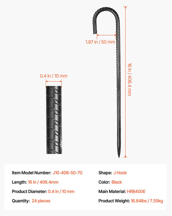 VEVOR Rebar Stakes, 406.4 mm, Heavy-Duty 10 mm Diameter J Hook, Galvanized Steel Ground Anchors with Chisel Point End & Rust-Resistant Coating, for Gardening Support, Fence, Camping Tents (24-Pack)