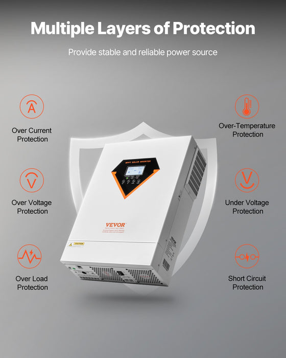 VEVOR Hybrid Solar Inverter, 6000W, All in One Pure Sine Wave Power Inverter Charger, 220V AC, with Built-in 120A MPPT Solar Charger Controller, for Off-Grid System Lead Acid Lithium Battery