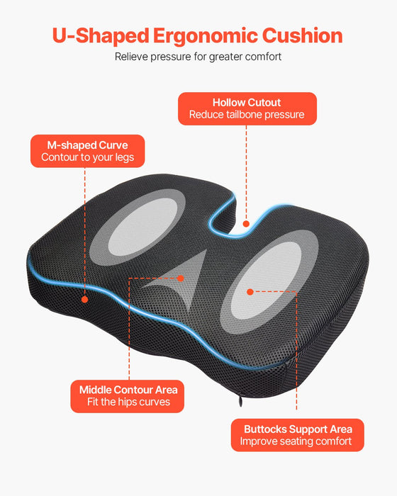 VEVOR Seat Cushion, Cooling Gel + Memory Foam Seat Cushion, Pressure-Relief Wheelchair Seat Pad with U-Shaped Cutout & Removable Cover, Lightweight and Portable for Travel, Car, Office, Airplane
