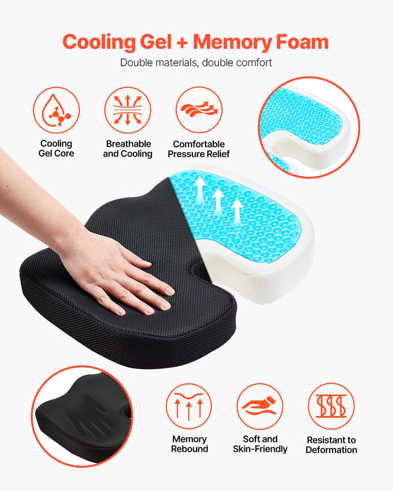 VEVOR Seat Cushion, Cooling Gel + Memory Foam Seat Cushion, Pressure-Relief Wheelchair Seat Pad with U-Shaped Cutout & Removable Cover, Lightweight and Portable for Travel, Car, Office, Airplane