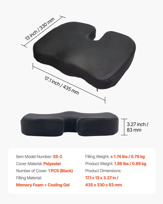 VEVOR Seat Cushion, Cooling Gel + Memory Foam Seat Cushion, Pressure-Relief Wheelchair Seat Pad with U-Shaped Cutout & Removable Cover, Lightweight and Portable for Travel, Car, Office, Airplane