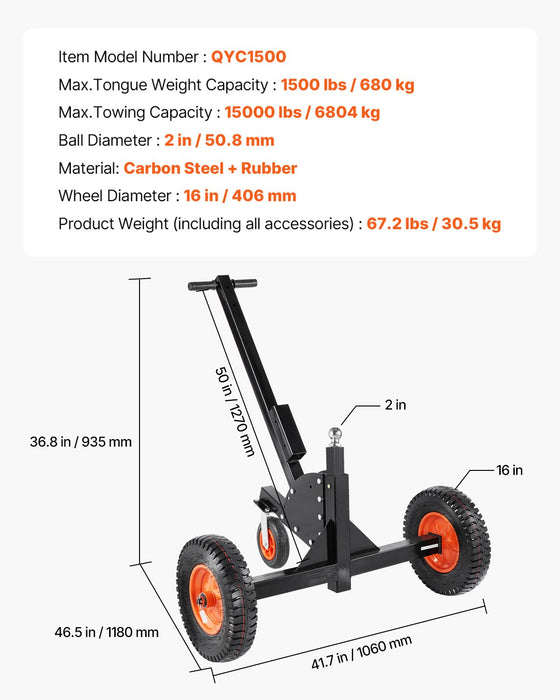 VEVOR Trailer Dolly, 1500lbs Tongue Weight Capacity, 2 in 1 Trailer Mover with 2 in Ball, 16 in Pneumatic Tires and Universal Wheel, Portable Tow Dolly for Moving Car RV Trailer