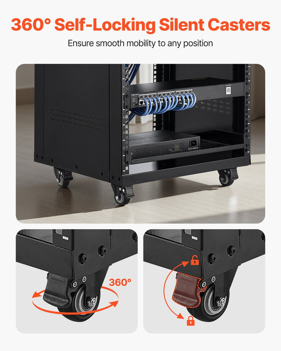 16U AV Rack, 90.7 kg Max Load Capacity, Home Recording Studio Rack with Lockable Caster Wheels, Open Frame Server Cabinet, Special Vent Design, for Audio Video Musical & IT Equipment Mounting