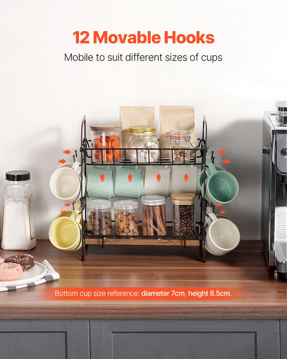 VEVOR 2 Tier Coffee Bar Organizer for Countertop w/ 12 Movable Hooks Mug Holder