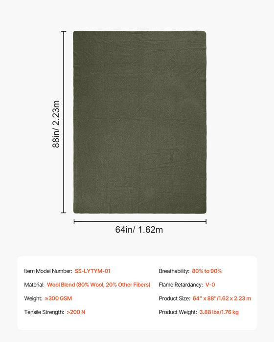 VEVOR Wool Camping Blanket, Large Warm Stadium Blanket, Waterproof & Windproof, Flame Retardant, Great for Outdoors, Picnics, Hiking, Sports Events, Travel, 1.62 m x 2.23 m (80% Wool), Army Green