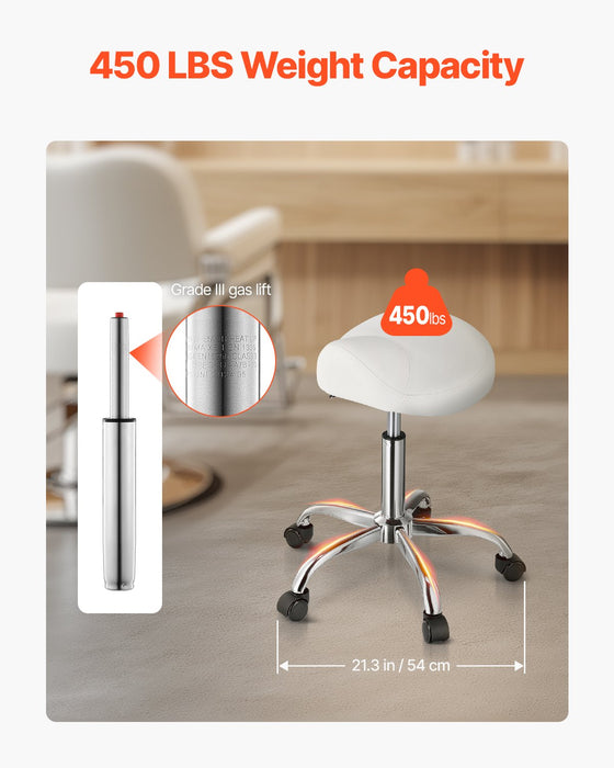 VEVOR Saddle Rolling Stool, PU Leather Rolling Stool with Wheels, 360° Swivel Drafting Stool with Thickened Cushion, Height Adjustable Rolling Work SPA Stool, for Office, Home, Salon & Bar, White
