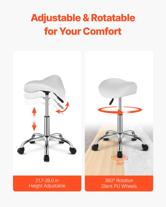 VEVOR Saddle Rolling Stool, PU Leather Rolling Stool with Wheels, 360° Swivel Drafting Stool with Thickened Cushion, Height Adjustable Rolling Work SPA Stool, for Office, Home, Salon & Bar, White