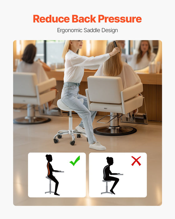 VEVOR Saddle Rolling Stool, PU Leather Rolling Stool with Wheels, 360° Swivel Drafting Stool with Thickened Cushion, Height Adjustable Rolling Work SPA Stool, for Office, Home, Salon & Bar, White