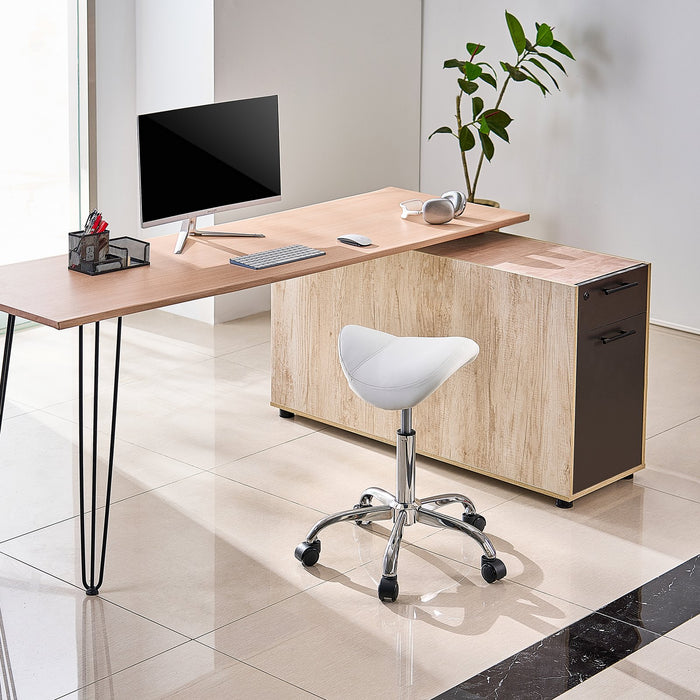 VEVOR Saddle Rolling Stool, PU Leather Rolling Stool with Wheels, 360° Swivel Drafting Stool with Thickened Cushion, Height Adjustable Rolling Work SPA Stool, for Office, Home, Salon & Bar, White