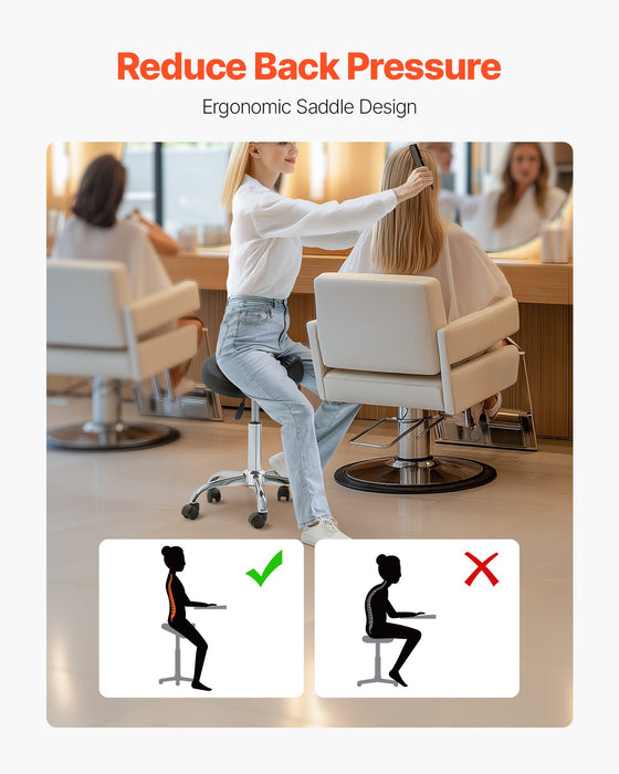 VEVOR Saddle Rolling Stool, PU Leather Rolling Stool with Wheels, 360° Swivel Drafting Stool with Thickened Cushion, Height Adjustable Rolling Work SPA Stool, for Office, Home, Salon & Bar, Black