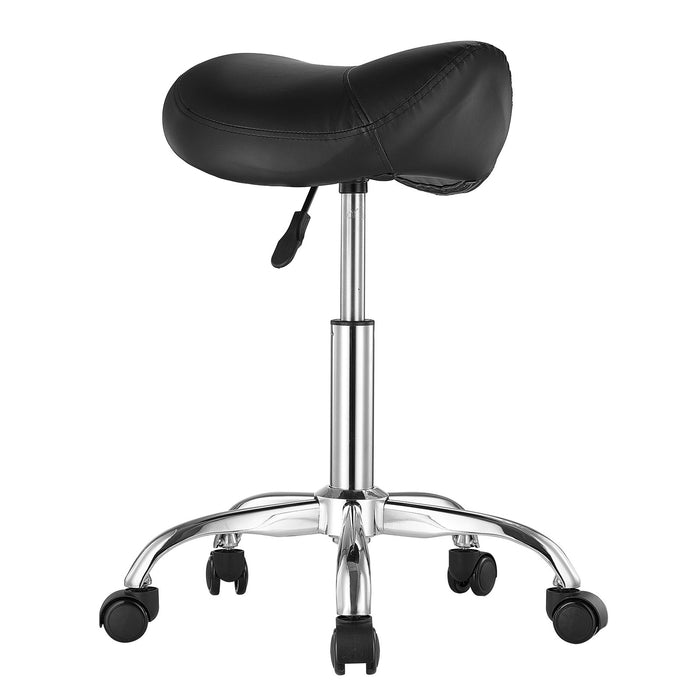 VEVOR Saddle Rolling Stool, PU Leather Rolling Stool with Wheels, 360° Swivel Drafting Stool with Thickened Cushion, Height Adjustable Rolling Work SPA Stool, for Office, Home, Salon & Bar, Black