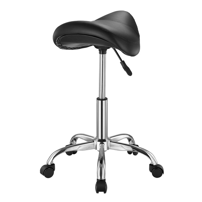 VEVOR Saddle Rolling Stool, PU Leather Rolling Stool with Wheels, 360° Swivel Drafting Stool with Thickened Cushion, Height Adjustable Rolling Work SPA Stool, for Office, Home, Salon & Bar, Black