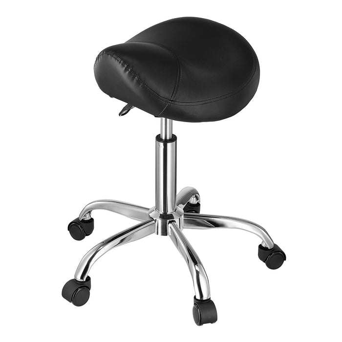 VEVOR Saddle Rolling Stool, PU Leather Rolling Stool with Wheels, 360° Swivel Drafting Stool with Thickened Cushion, Height Adjustable Rolling Work SPA Stool, for Office, Home, Salon & Bar, Black