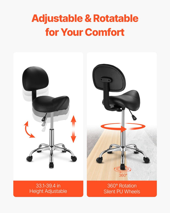 Saddle Rolling Stool, PU Leather Rolling Stool with Backrest, 360° Swivel Drafting Stool with Thickened Cushion, Height Adjustable Rolling Work SPA Stool, for Office, Home, Salon & Bar, Black