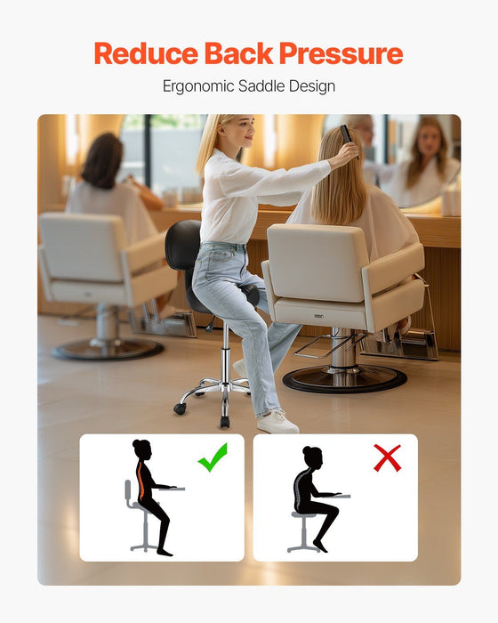 Saddle Rolling Stool, PU Leather Rolling Stool with Backrest, 360° Swivel Drafting Stool with Thickened Cushion, Height Adjustable Rolling Work SPA Stool, for Office, Home, Salon & Bar, Black