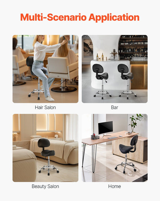 Saddle Rolling Stool, PU Leather Rolling Stool with Backrest, 360° Swivel Drafting Stool with Thickened Cushion, Height Adjustable Rolling Work SPA Stool, for Office, Home, Salon & Bar, Black