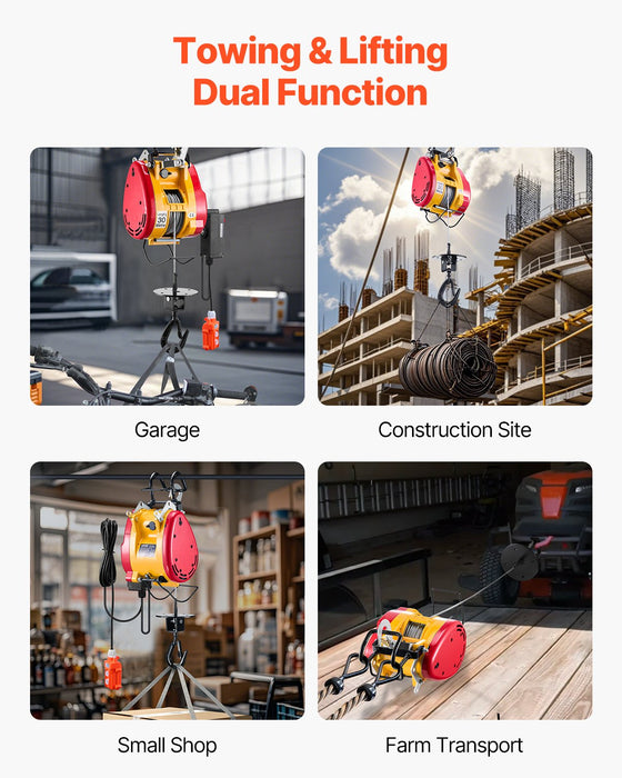 VEVOR 2-in-1 Electric Hoist Winch, 500 KG Capacity, 1800W Portable Power Winch, 30 m Lifting Height, 11 m/min with Wire and Wireless Remote Control, for Garage, Warehouse, Factory Lifting Towing