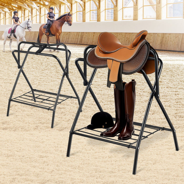 Folding Saddle Rack, 28 x 19 x 37.5 in, 2 Packs Freestanding Horse Saddle Stand, Portable Horse Blanket Holder, Heavy Duty Steel Saddle Rack for English & Western Saddles, Tack Storage, Black