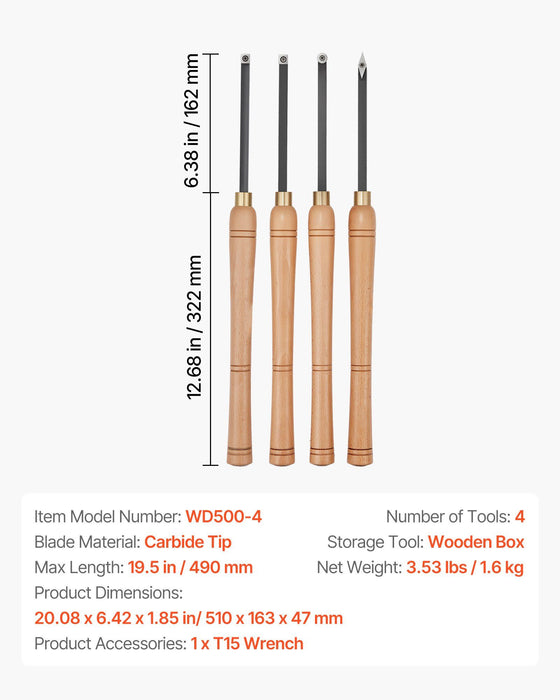 Wood Lathe Turning Tool Set, 4PCS, Lathe Roughing Finishing and Detailing Hollow Tool with Wooden Handle, Diamond Round Square Carbide Inserts, Wooden Box, for Beginners Hobbyists Professionals