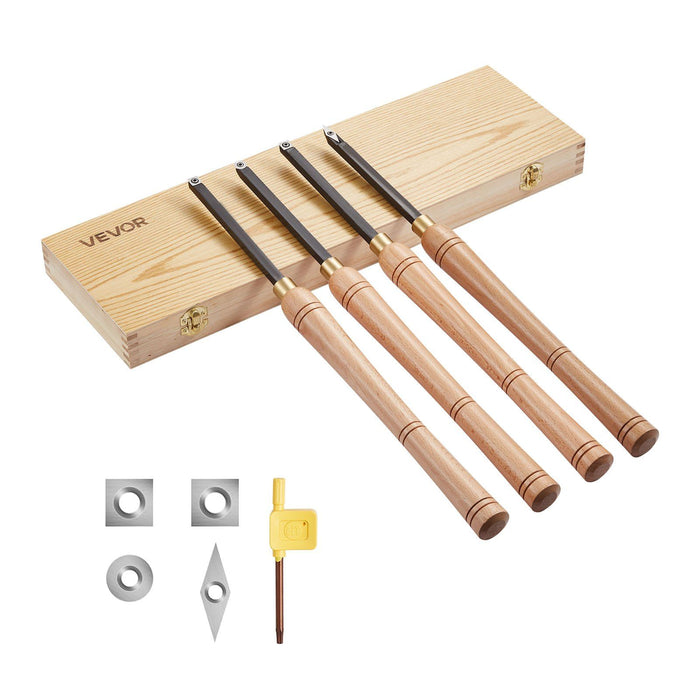 Wood Lathe Turning Tool Set, 4PCS, Lathe Roughing Finishing and Detailing Hollow Tool with Wooden Handle, Diamond Round Square Carbide Inserts, Wooden Box, for Beginners Hobbyists Professionals