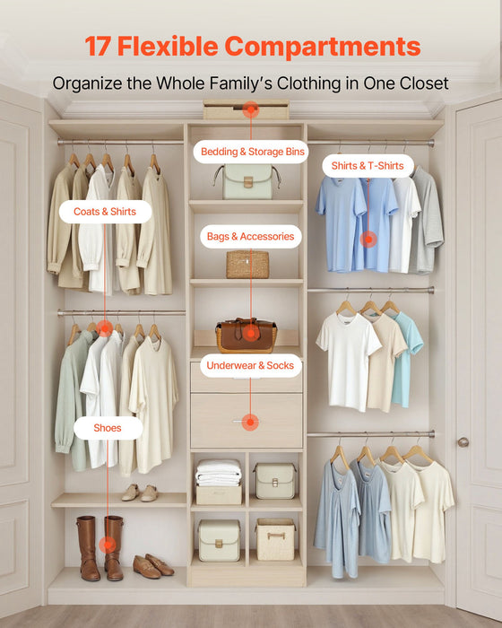 VEVOR Closet System with 2 Drawers, Adjustable Height Wooden Closet Organizers, Modern Walk-in Wardrobe Organization with 5 Retractable Clothes Hanger Rods, Freestanding Garment Rack Storage, Grey