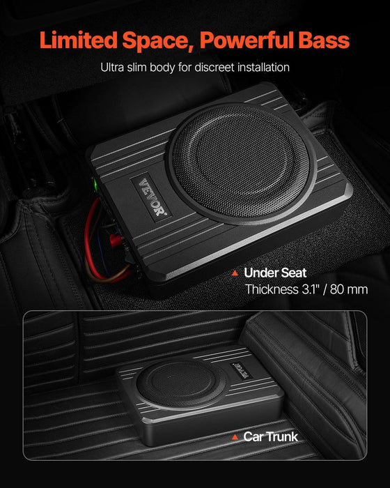 8" 400W Underseat Car Subwoofer, Slim Powered Car Subwoofers Under the Seat, Low Profile Audio Sub Built-in Amplifier, High/Low Level Input & Volume Controller for SUVs, Car, Truck, RV