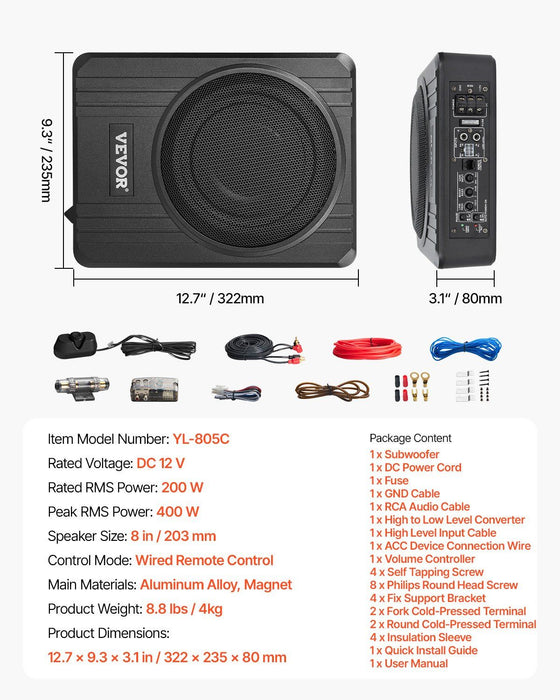 8" 400W Underseat Car Subwoofer, Slim Powered Car Subwoofers Under the Seat, Low Profile Audio Sub Built-in Amplifier, High/Low Level Input & Volume Controller for SUVs, Car, Truck, RV