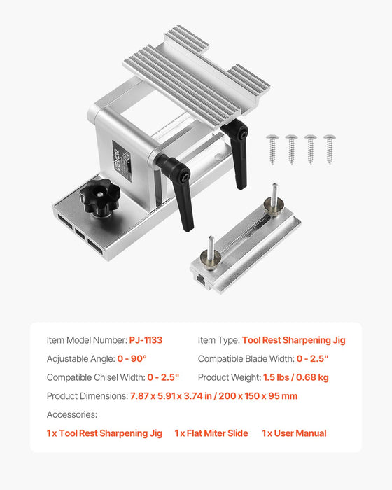 VEVOR Sharpening Tool Rest Jig, Adjustable Replacement Tool Rest Sharpening Jig for 6" or 8" (152 mm or 203 mm) Bench Grinders – with Flat Miter Slide for 0–2.5 inch (0–64 mm) Wide Blades and Chisels