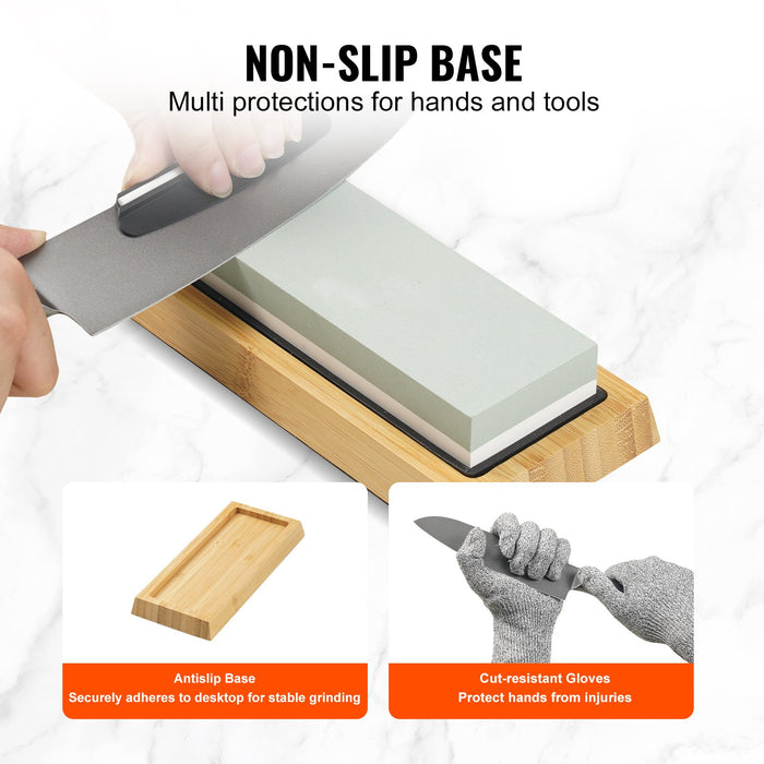 VEVOR Whetstone Knife Sharpening Kit, 2 Dual-Sided Grit Whetstones 400/1000 3000/8000, 10PCS Knife Sharpener Kit with 3 Non-Slip Bases, Angle & Honing Guide, Flattening Stone for All Knives, Scissors