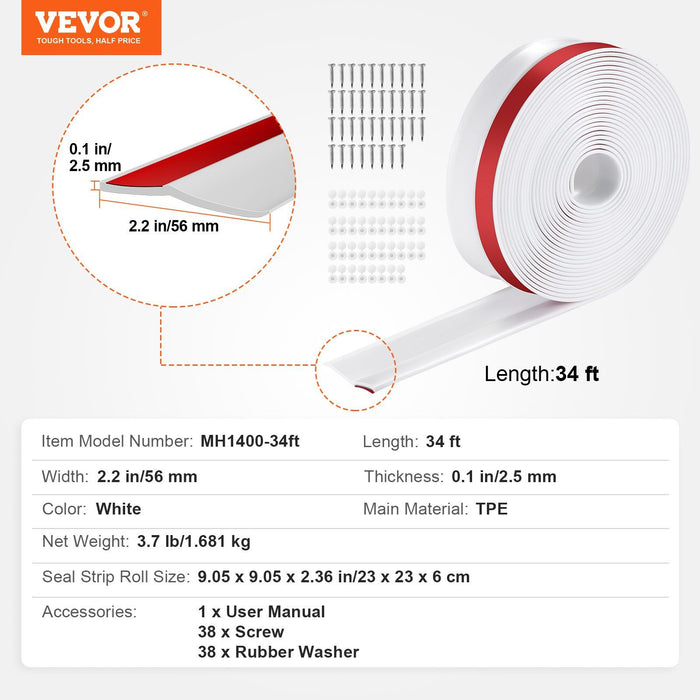 Garage Door Seal Top and Sides Seal Strip, 34 FT Universal Weather Stripping Replacement Soft and Hard Composite, Weatherproofing Garage Door TPE Seals with Adhesive Backed and Screws, White