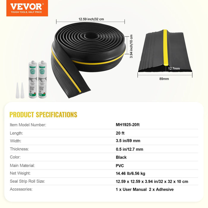 Garage Door Threshold Seal Strip, 20 FT Universal Garage Door Floor Seal Strip with Adhesive, Garage Door Bottom Weatherproof Strip, Upgraded Thick PVC DIY Weather Stripping Replacement, Black