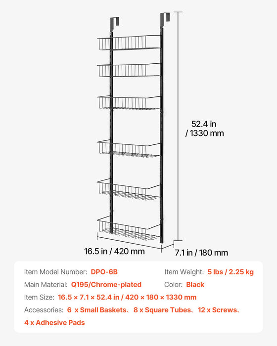 VEVOR Over the Door Pantry Organizer, 6-Tier Pantry Organization and Storage, Heavy-Duty Steel Hanging Spice Rack, Adjustable Wall Seasoning Shelves, for Home Kitchen Laundry Room Bathroom, Black