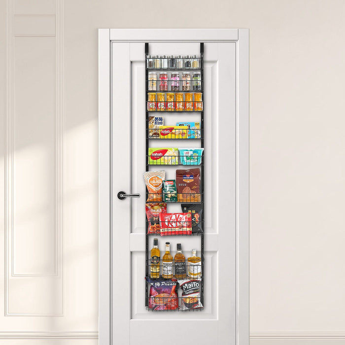 Over the Door Pantry Organizer, 9-Tier Pantry Organization and Storage, Heavy-Duty Steel Hanging Spice Rack, Adjustable Wall Seasoning Shelves, for Home Kitchen Laundry Room Bathroom, Black