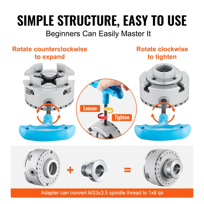 VEVOR KP965 Lathe Chuck, 4-Jaw 96 mm Diameter, Metal Lathe Chuck Turning Machine Accessories with 5 Sets of Jaws, Self-centering Tool, for Precision Machining, Grinding Machines, Milling Machines