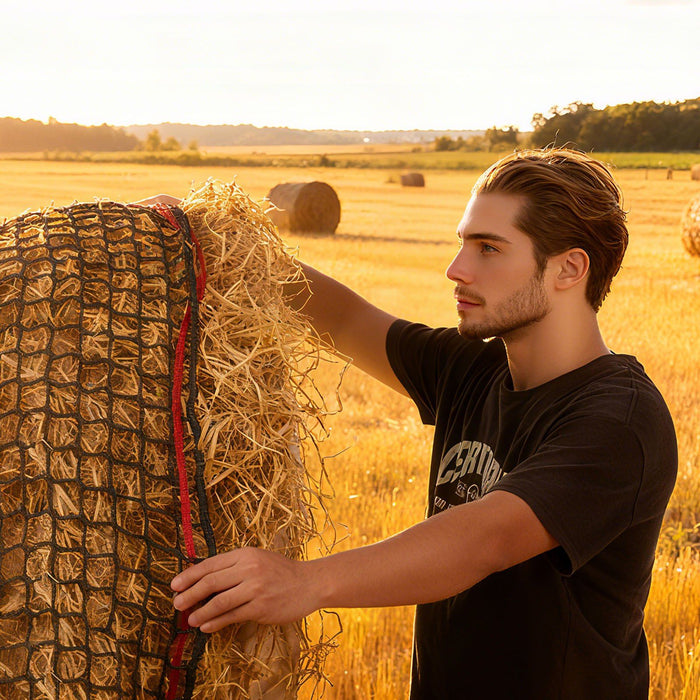 Round Bale Hay Net, 1.8 x 1.8 x 1.8 m, 38.1 x 38.1 mm Holes, PE Material, Knotless Design, with Zip Ties, Needle Shuttle, Repair Twine and Storage Bag, Slow Feeder Round Bale Net for Horses