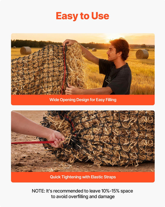 Round Bale Hay Net, 1.5 x 1.5 x 1.5 m, 44.45 x 44.45 mm Holes, PE Material, Reinforced Knotted Design, with Zip Ties, Needle Shuttle, and Repair Twine, Slow Feeder Round Bale Net for Horses