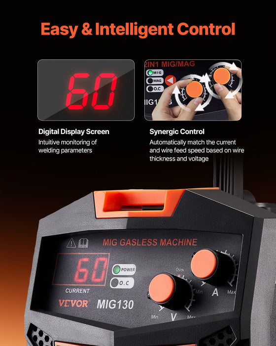 VEVOR MIG Welder 130Amp Gasless Flux Core Mig Welding Machine with IGBT Inverter