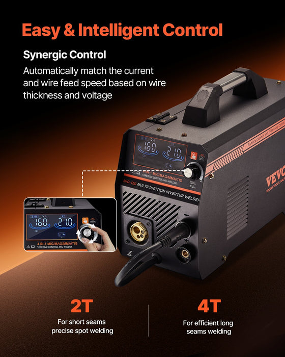 VEVOR MIG Welder, 160A Synergic Mig Welding Machine, 4-in-1 Gas MIG/Flux Core MIG/Stick/Lift TIG Multi-Process Welder Machine with IGBT Inverter Technology and LCD Screen Display