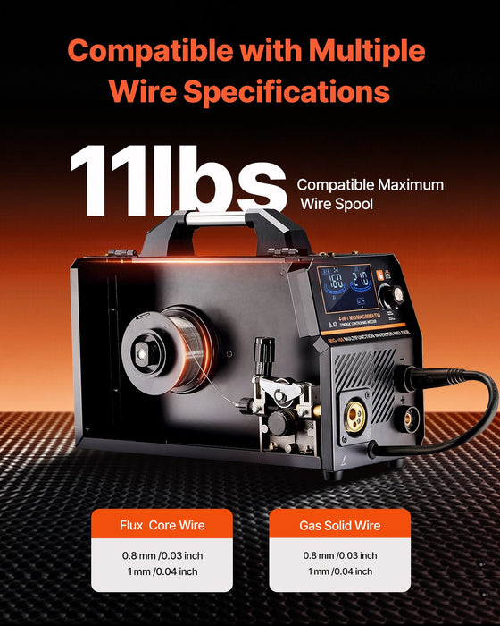 VEVOR MIG Welder, 160A Synergic Mig Welding Machine, 4-in-1 Gas MIG/Flux Core MIG/Stick/Lift TIG Multi-Process Welder Machine with IGBT Inverter Technology and LCD Screen Display