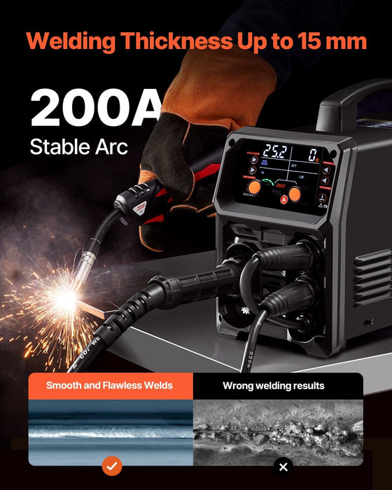 MIG Welder, 200A Synergic Mig Welding Machine, 4-in-1 Gas MIG/Flux Core MIG/Stick/Lift TIG Multi-Process Welder Machine with IGBT Inverter Technology and LCD Screen Display