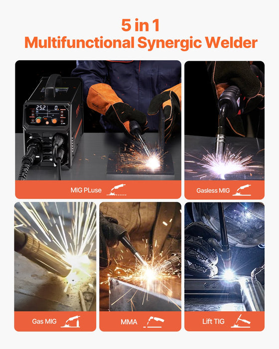 VEVOR Pro MIG Welder, 200Amp Pluse Mig Welding Machine, 5-in-1 Synergic Welder Machine MIG Pluse/Gas MIG/Flux Core MIG/Stick/Lift TIG with IGBT Inverter Technology and LCD Screen Display