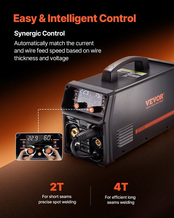 VEVOR Pro MIG Welder, 200Amp Pluse Mig Welding Machine, 5-in-1 Synergic Welder Machine MIG Pluse/Gas MIG/Flux Core MIG/Stick/Lift TIG with IGBT Inverter Technology and LCD Screen Display