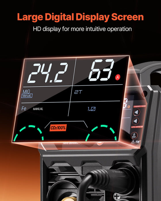 VEVOR Pro MIG Welder, 200Amp Pluse Mig Welding Machine, 5-in-1 Synergic Welder Machine MIG Pluse/Gas MIG/Flux Core MIG/Stick/Lift TIG with IGBT Inverter Technology and LCD Screen Display