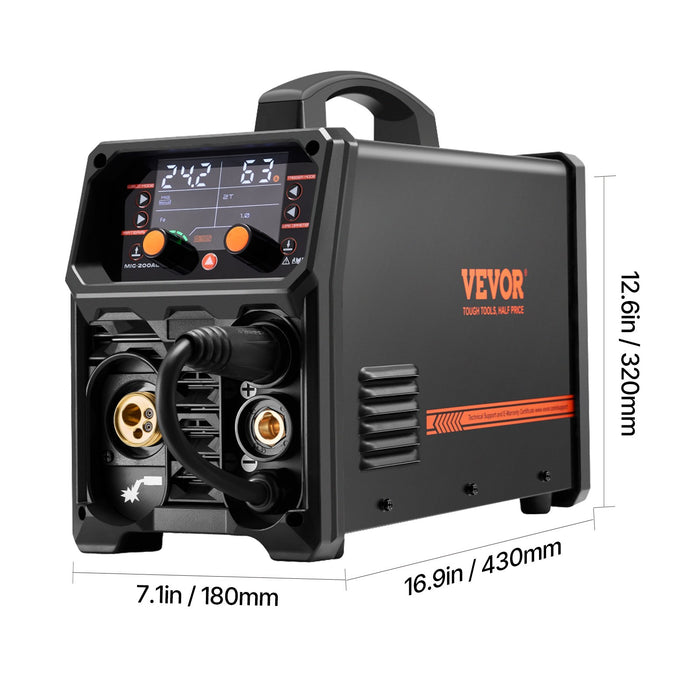 VEVOR Pro MIG Welder, 200Amp Pluse Mig Welding Machine, 5-in-1 Synergic Welder Machine MIG Pluse/Gas MIG/Flux Core MIG/Stick/Lift TIG with IGBT Inverter Technology and LCD Screen Display