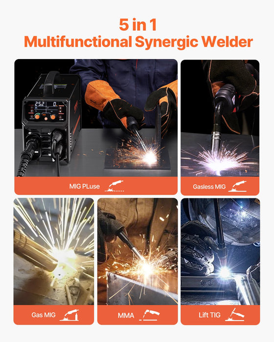 VEVOR Pro MIG Welder, 250Amp Pluse Mig Welding Machine, 5-in-1 Synergic Welder Machine MIG Pluse/Gas MIG/Flux Core MIG/Stick/Lift TIG with IGBT Inverter Technology and LCD Screen Display