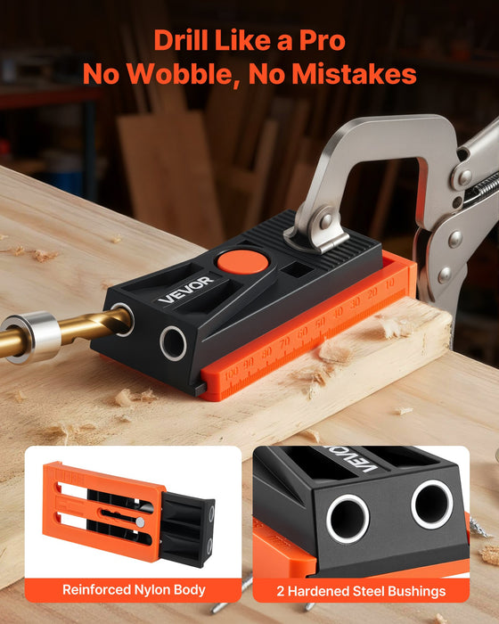 VEVOR Pocket Hole Jig Kit, 12.7 to 38.1 mm Adjustable, Mini Jig Pocket Hole System with Step Drill, Hex Wrench, Drill Stop Ring, Square Drive Bit, and Screws, Reinforced Nylon Frame, for Woodworking