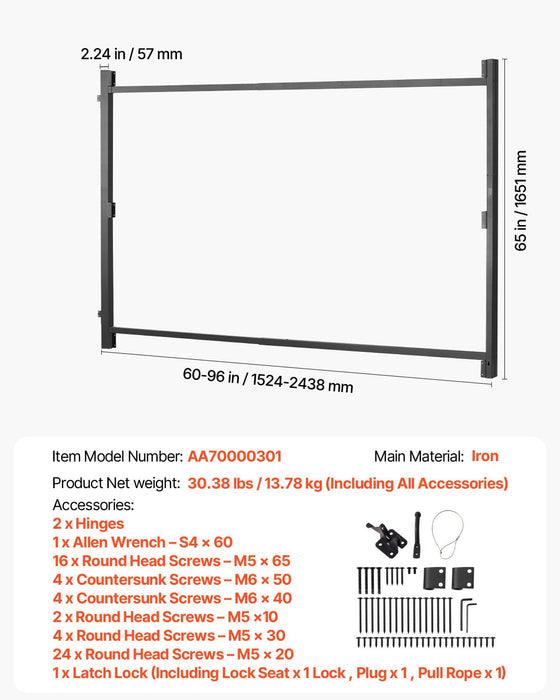 VEVOR Gate Building Kit, Fits 152.4 to 243.8 cm Wide Openings, Up from 182.9 to 213.4 cm High Fence, Adjustable Gate Building Kit, Anti Sag Full Gate Frame Kit with Latch Lock, for Wooden Fence, Iron