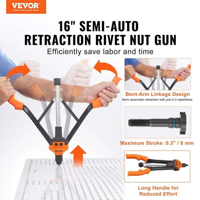 VEVOR Rivet Nut Tool, 16â€?Rivnut Tool Kit with 13PCS Metric and SAE Mandrels, 186PCS Rivet Nuts, M3, M4, 10-24, M5, M6, 1/4-20, 8-32, 5/16-18, M8, 3/8-16, M10, M12, 1/2-13, Semi-auto Retraction