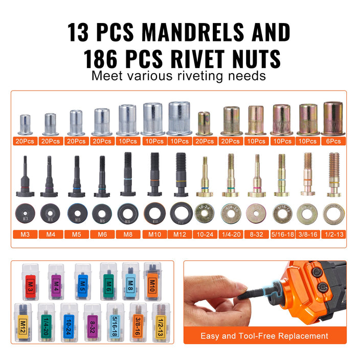 VEVOR Rivet Nut Tool, 16â€?Rivnut Tool Kit with 13PCS Metric and SAE Mandrels, 186PCS Rivet Nuts, M3, M4, 10-24, M5, M6, 1/4-20, 8-32, 5/16-18, M8, 3/8-16, M10, M12, 1/2-13, Semi-auto Retraction