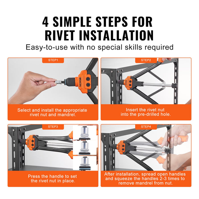 VEVOR Rivet Nut Tool, 16â€?Rivnut Tool Kit with 13PCS Metric and SAE Mandrels, 186PCS Rivet Nuts, M3, M4, 10-24, M5, M6, 1/4-20, 8-32, 5/16-18, M8, 3/8-16, M10, M12, 1/2-13, Semi-auto Retraction